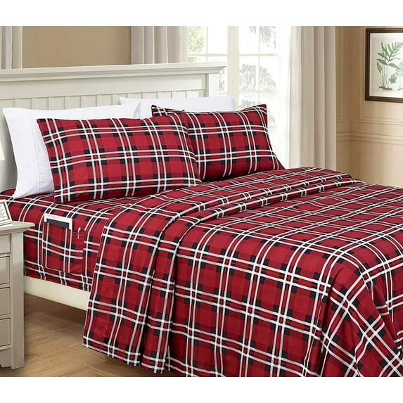 Mocassi Plaid 6-Piece Sheet Set, 1500 Thread Count Deep Pocket Fitted Sheet Featuring Smart Pockets, Full, Wine Red