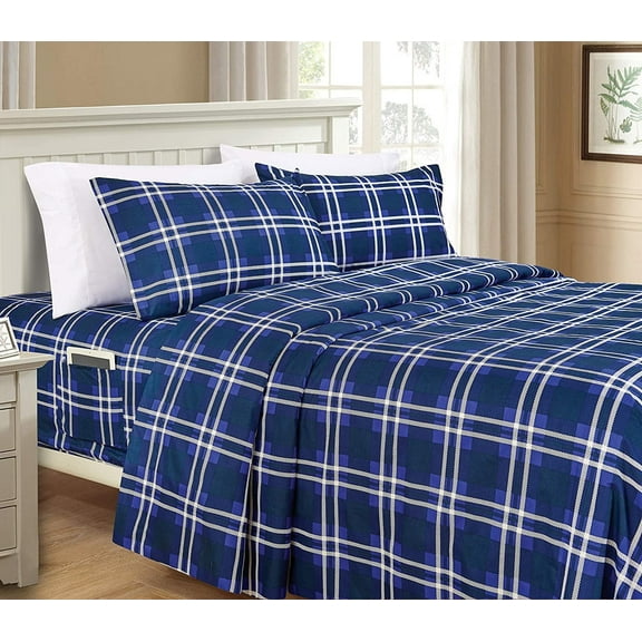 Mocassi Plaid 6-Piece Sheet Set, 1500 Thread Count Deep Pocket Fitted Sheet Featuring Smart Pockets, Twin, Marine Blue