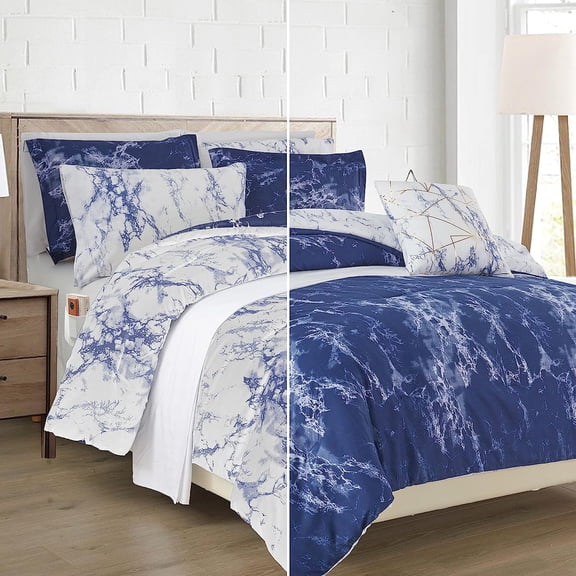 Mocassi Reversible 10-Piece Marble Print Comforter Set - Includes Decorative Pillow, Fitted Sheet with Smart Pockets, Soft and Plush Medium-Weight Material, California King Size, Navy/White