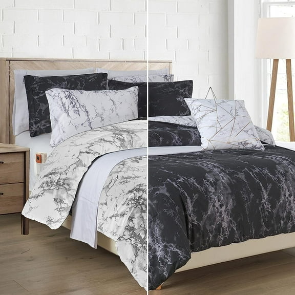 Mocassi Reversible 10-Piece Marble Print Comforter Set - Includes Decorative Pillow, Fitted Sheet with Smart Pockets, Soft and Plush Medium-Weight Material, Twin Size, Black/White