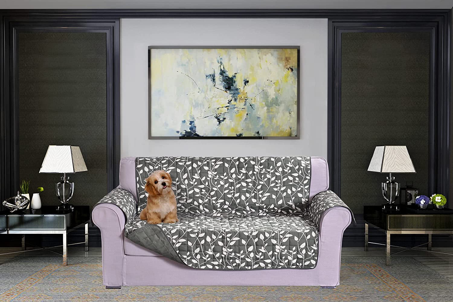 Mocassi Reversible Sofa Slipcover Water Resistant Furniture Protector Pet Couch Covers Smart Leaf Loveseat, Gray