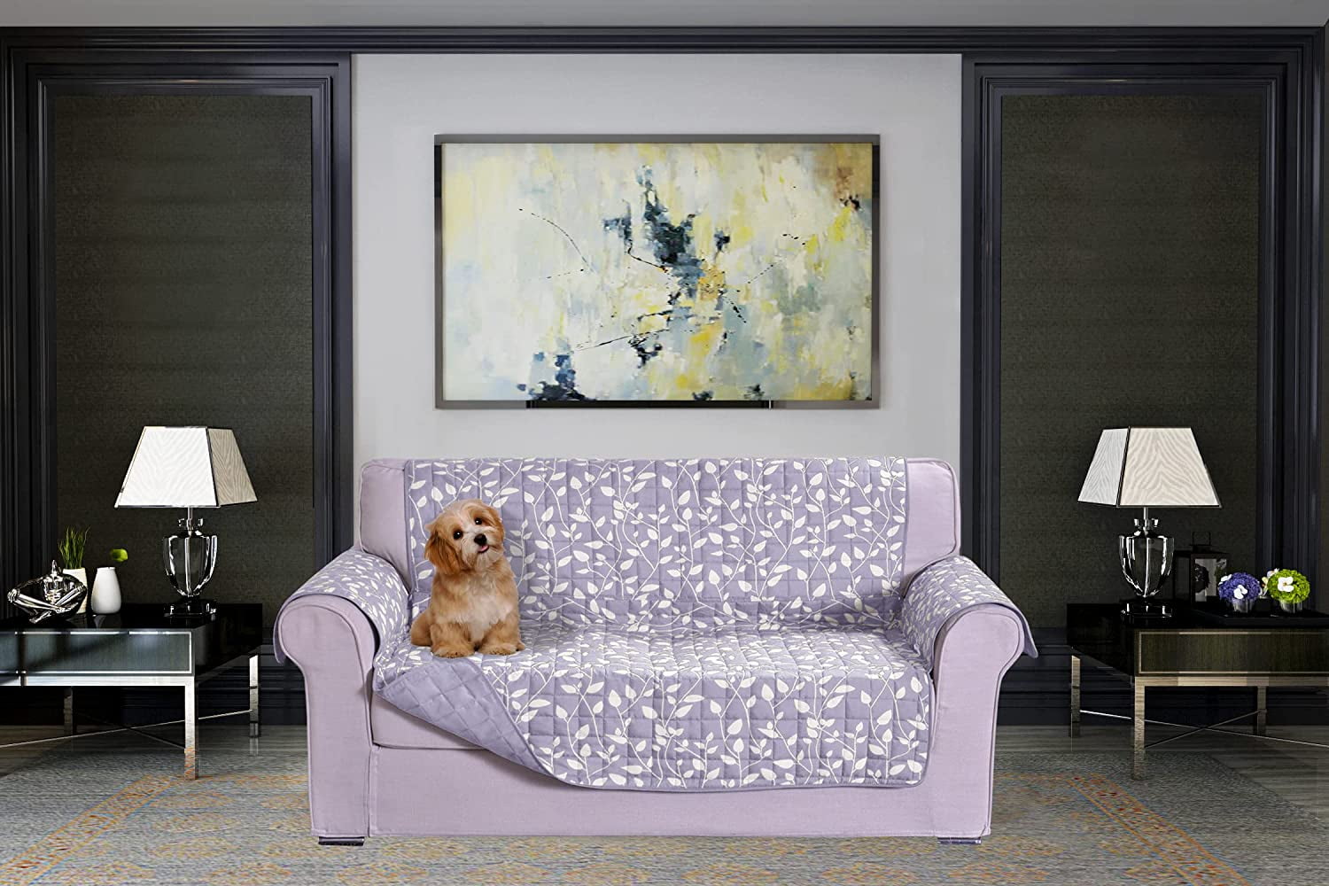Mocassi Reversible Sofa Slipcover Water Resistant Furniture Protector Pet Couch Covers Smart Leaf Loveseat, Lilac