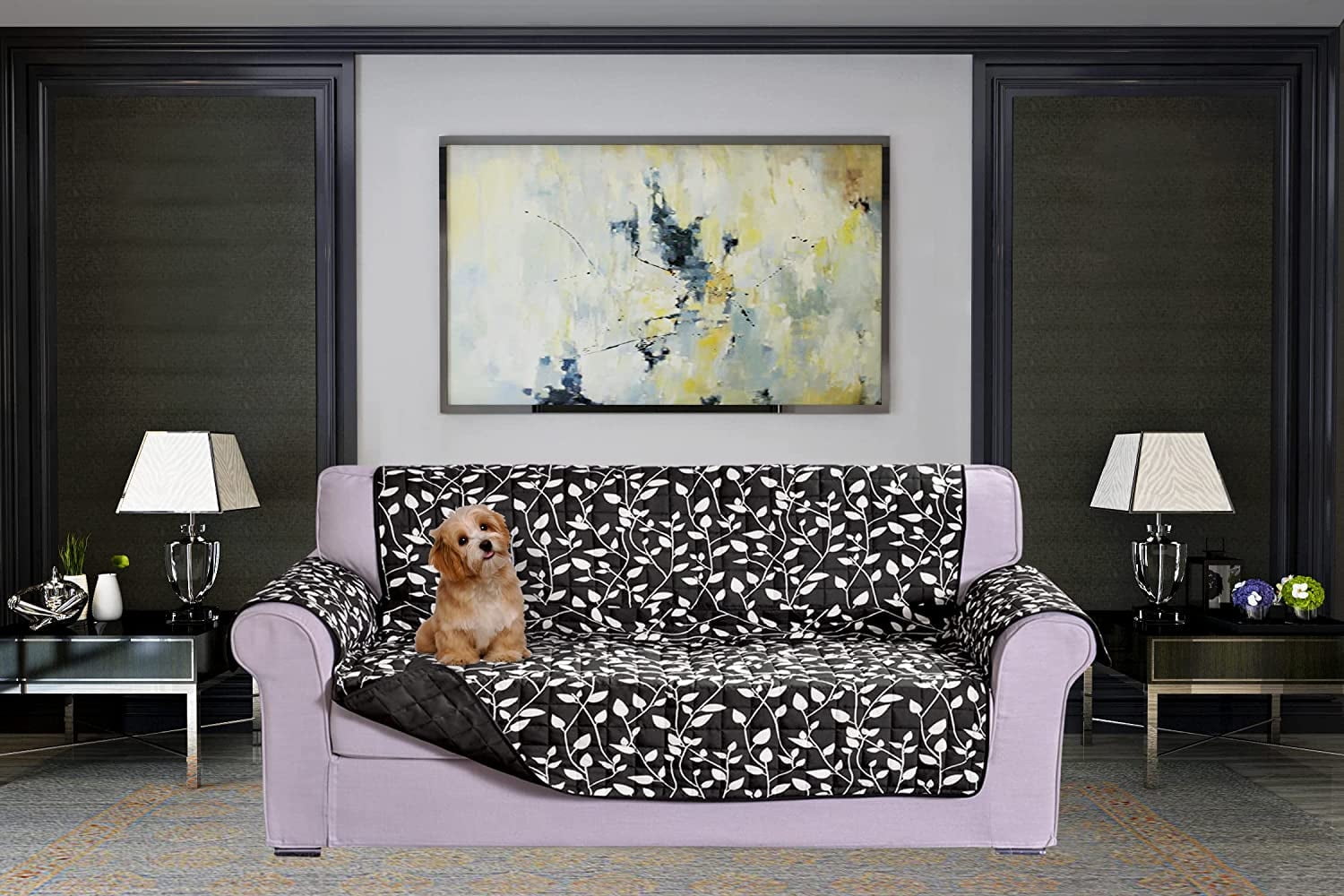 Mocassi Reversible Sofa Slipcover Water Resistant Furniture Protector Pet Couch Covers Smart Leaf Oversized Sofa, Black