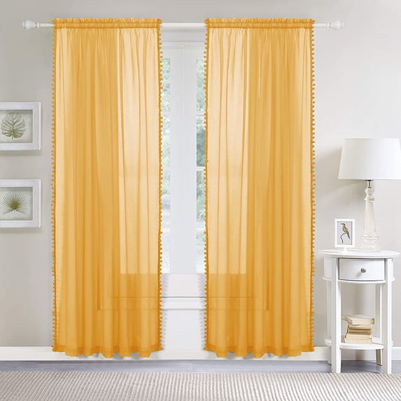 Mocassi (2-Piece) Multipurpose Pom Pom Drapes, Semi-Sheer Window Curtains with 2 inch Rod Pocket, 40 X 84 inches, Neon Yellow