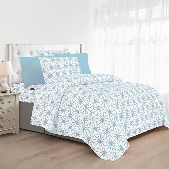 Mocassi Soft 4-Piece Cube Geometric Pattern Sheet Set Wrinkle and Fade Resistant , All around Elastic Fitted Sheet, Twin, Aqua