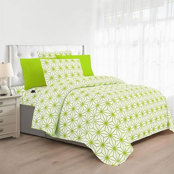 Mocassi Soft 4-Piece Cube Geometric Pattern Sheet Set Wrinkle and Fade Resistant , All around Elastic Fitted Sheet, Twin, Lime