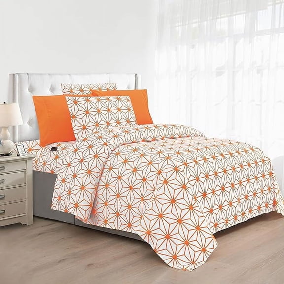 Mocassi Soft 4-Piece Cube Geometric Pattern Sheet SetWrinkle and Fade Resistant , All around Elastic Fitted Sheet, Twin XL, Orange