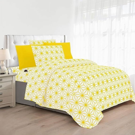 Mocassi Soft 6-Piece Cube Geometric Pattern Sheet Set Wrinkle and Fade Resistant , All around Elastic Fitted Sheet, Queen, Yellow
