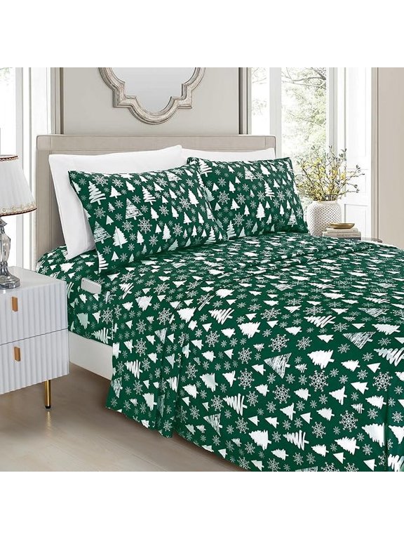 Soft Bed Sheets Holiday Pattern 1500 Series Microfiber-Softness Wrinkle and Fade Resistant (6-Piece) Bedding Set, King, Hunter Green Christmas Tree