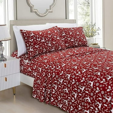 Mocassi Soft Bed Sheets Holiday Pattern 1500 Series Microfiber-Softness Wrinkle and Fade Resistant (6-Piece) Bedding Set, Cal King, Burgundy Reindeer