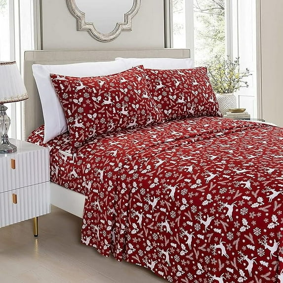 Mocassi Soft Bed Sheets Holiday Pattern 1500 Series Microfiber-Softness Wrinkle and Fade Resistant (6-Piece) Bedding Set, Cal King, Burgundy Reindeer