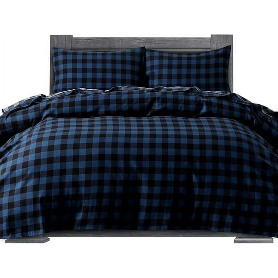Mocassi Soft Soft 4-Piece Sheet Set - Deep Pocket Fitted Sheet, Soft, Cozy, Warm and Anti-Pill Flannel Sheets - Cali King, Buffalo Check Blue