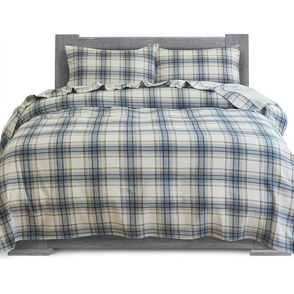 Mocassi Soft Soft 4-Piece Sheet Set - Deep Pocket Fitted Sheet, Soft, Cozy, Warm and Anti-Pill Flannel Sheets - King, Plaid-Navy/Aqua
