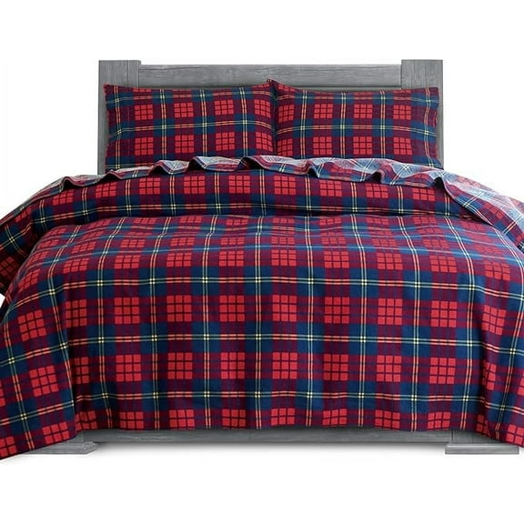 Mocassi Soft Soft 4-Piece Sheet Set - Deep Pocket Fitted Sheet, Soft, Cozy, Warm and Anti-Pill Flannel Sheets - King, Plaid-Red/Navy