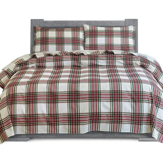 Mocassi Soft Soft 4-Piece Sheet Set - Deep Pocket Fitted Sheet, Soft, Cozy, Warm and Anti-Pill Flannel Sheets - Queen, Plaid Ivory