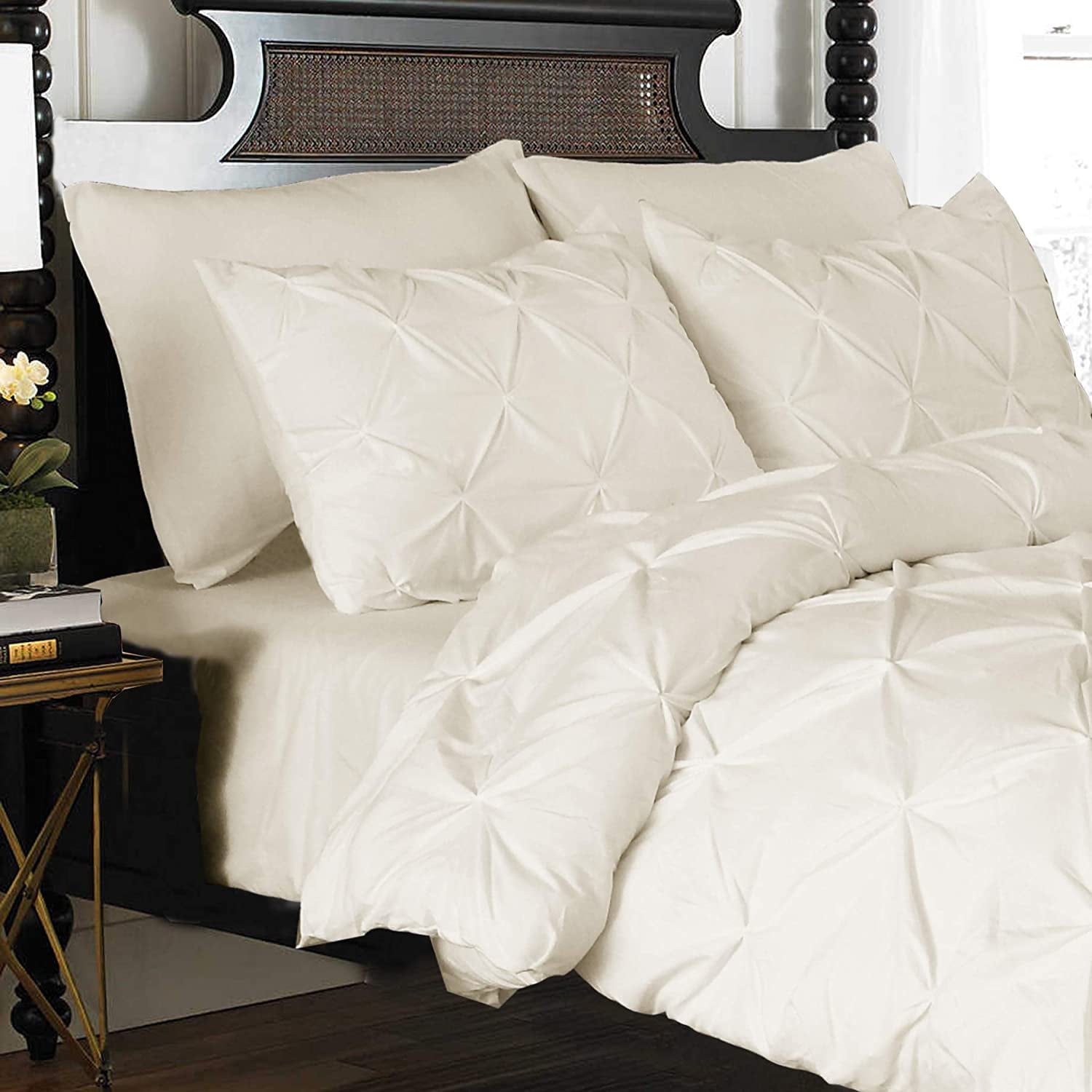 Mocassi Soft and Cozy Pinch Pleat Duvet Cover with Matching Sham, Button Closure and Corner Ties, 2-Piece Set, Full/Queen, Beige-Cream