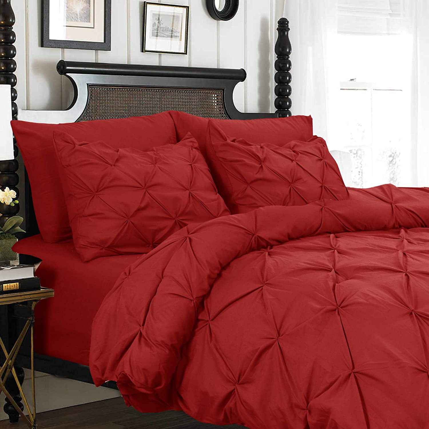 Mocassi Soft and Cozy Pinch Pleat Duvet Cover with Matching Sham, Button Closure and Corner Ties, 2-Piece Set, Full/Queen, Burgundy