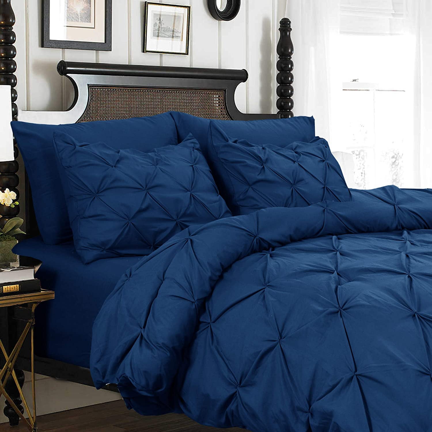 Mocassi Soft and Cozy Pinch Pleat Duvet Cover with Matching Sham, Button Closure and Corner Ties, 2-Piece Set, Full/Queen, Navy Blue