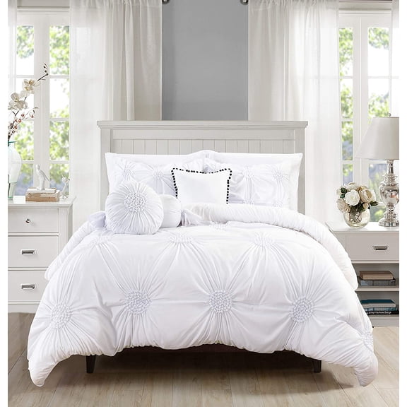 Mocassi Sun Flower Collection 10 Piece White Ruffle Design Bed in a Bag, King