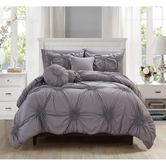 Mocassi Sun Flower Collection 10-Pieces Gray Bed in a Bag, Queen