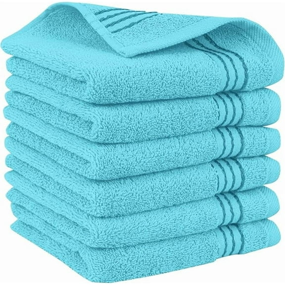 Mocassi Turkish Cotton Washcloth Set, 6-Pack, 13" x 13", Highly Absorbent - Soft Bathroom Towels, Aqua
