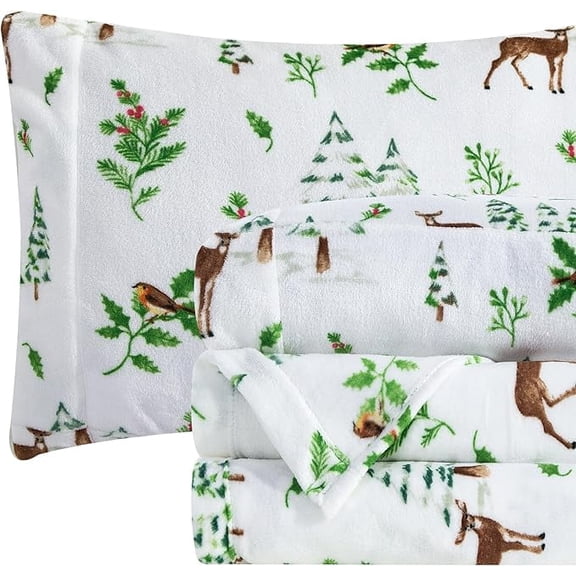 Mocassi Ultra-Soft 4-Piece Holiday Velvet Plush Flannel Sheet Set - Warm Fuzzy Flannel Fleece with Deep Pockets - High-Quality - Cal King, Enchanted Woods
