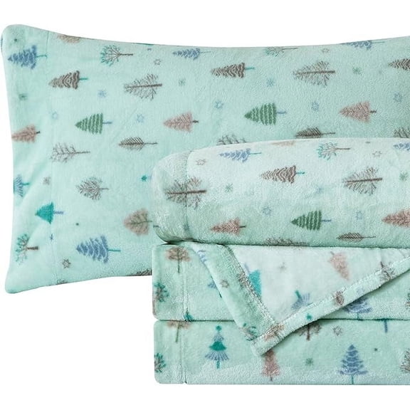 Mocassi Ultra-Soft 4-Piece Holiday Velvet Plush Flannel Sheet Set - Warm Fuzzy Flannel Fleece with Deep Pockets - High-Quality - Cal King, Mint Pine Trees