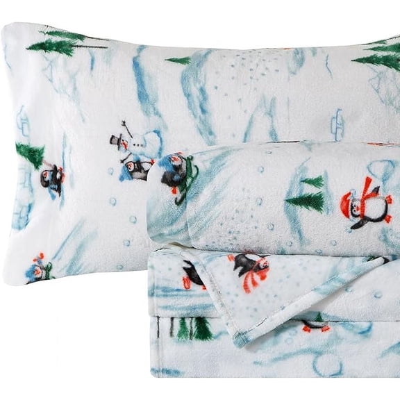 Mocassi Ultra-Soft 4-Piece Holiday Velvet Plush Flannel Sheet Set - Warm Fuzzy Flannel Fleece with Deep Pockets - High-Quality - Queen, Skiing Penguins