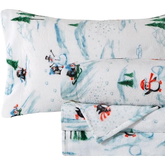 Mocassi Ultra-Soft 4-Piece Holiday Velvet Plush Flannel Sheet Set - Warm Fuzzy Flannel Fleece with Deep Pockets - High-Quality - Twin, Skiing Penguins