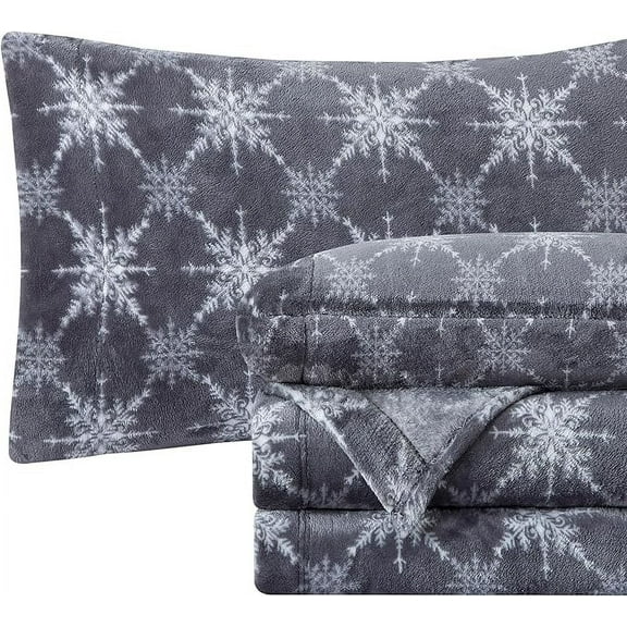 Mocassi Ultra-Soft 4-Piece Holiday Velvet Plush Flannel Sheet Set - Warm Fuzzy Flannel Fleece with Deep Pockets - High-Quality - King, Gray Snowflake