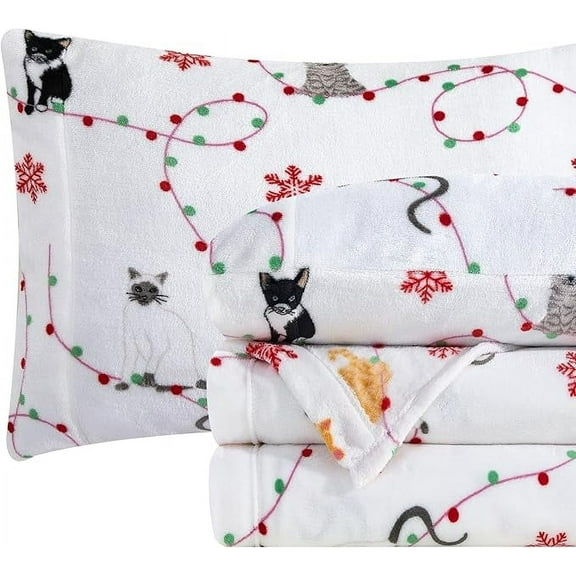Mocassi Ultra-Soft 4-Piece Holiday Velvet Plush Flannel Sheet Set - Warm Fuzzy Flannel Fleece with Deep Pockets - High-Quality - King, Jingle Cats