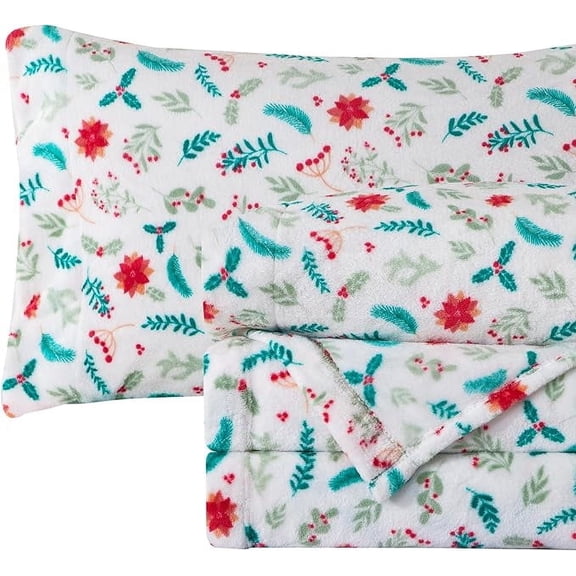 Mocassi Ultra-Soft 4-Piece Holiday Velvet Plush Flannel Sheet Set - Warm Fuzzy Flannel Fleece with Deep Pockets - High-Quality - King, Winter Bloom