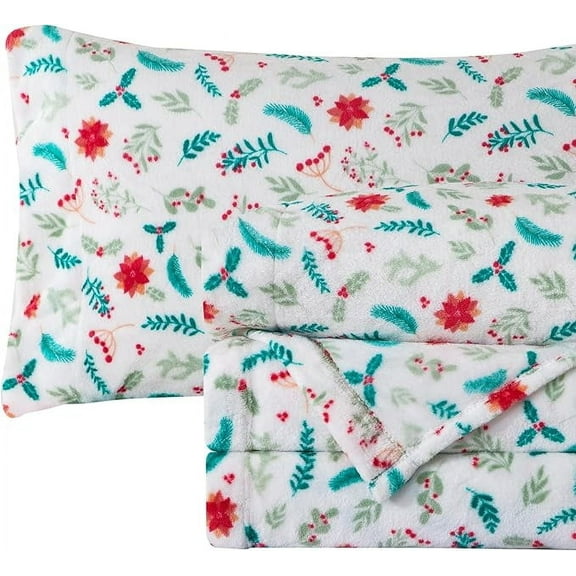 Mocassi Ultra-Soft 4-Piece Holiday Velvet Plush Flannel Sheet Set - Warm Fuzzy Flannel Fleece with Deep Pockets - High-Quality - Queen, Winter Bloom