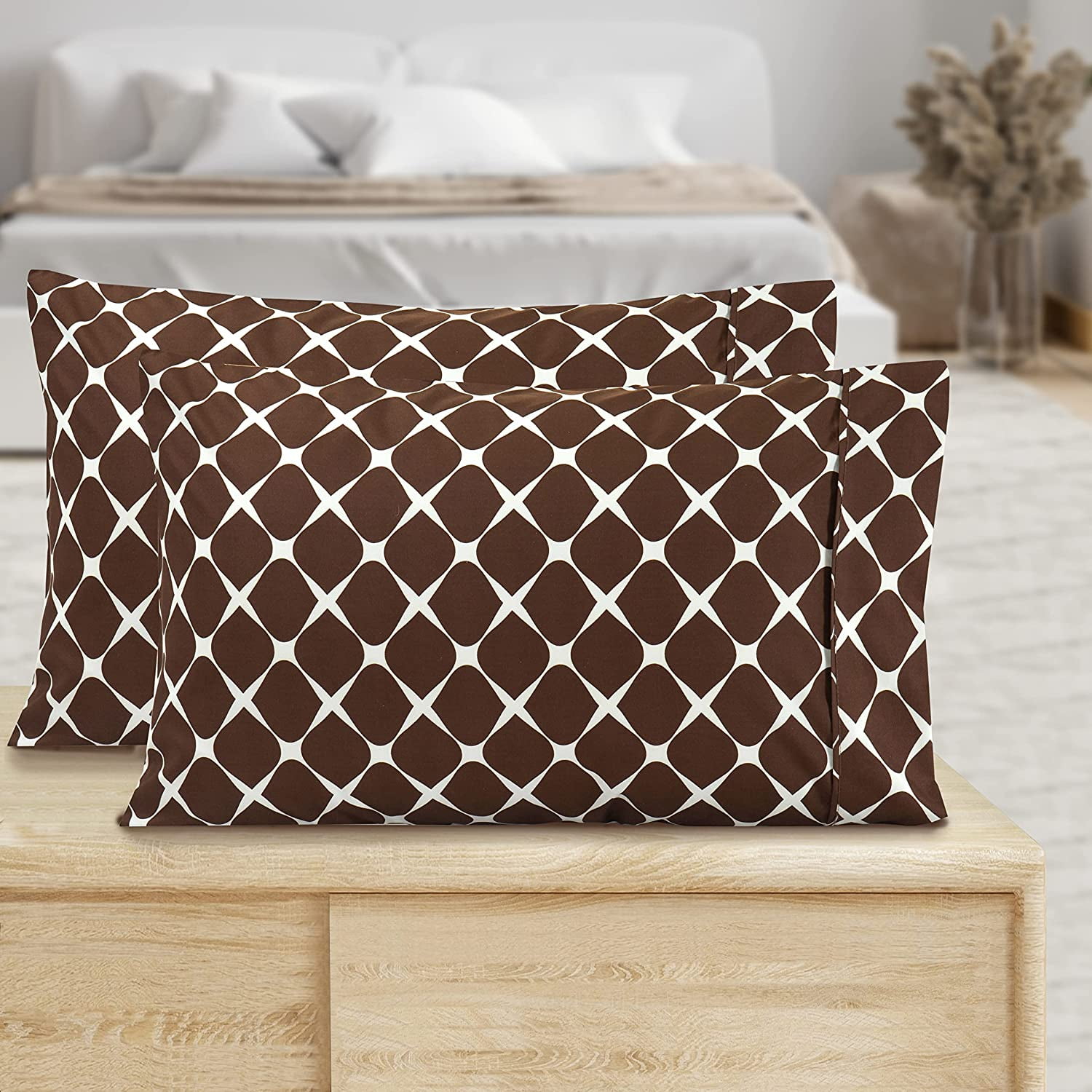 King Size Brown Microfiber Patterned Pillowcase Set