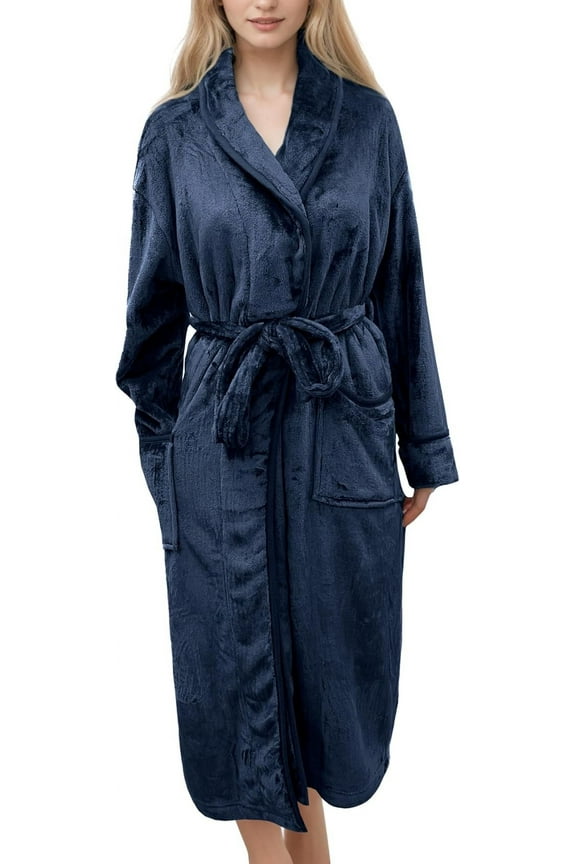 Women’s Plush Fleece Spa Bathrobe, Shawl Collar and Pockets, Velvet Soft and Warm Long Robe - Extra Large, Navy Blue