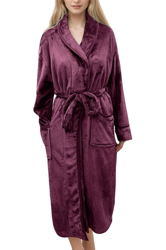 Women’s Plush Fleece Spa Bathrobe, Shawl Collar and Pockets, Velvet Soft and Warm Long Robe - Extra Large, Purple