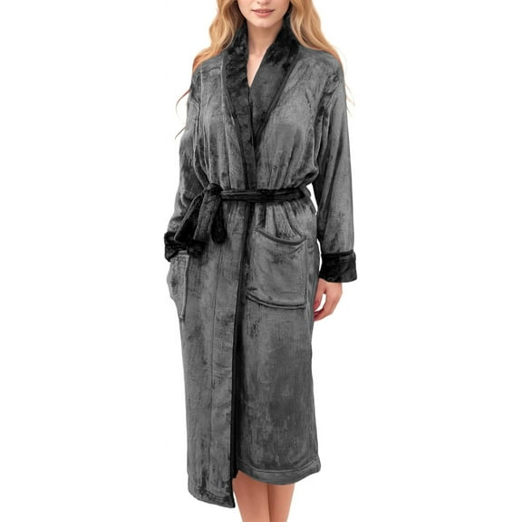 Mocassi Women’s Plush Fleece Spa Bathrobe, Shawl Collar and Pockets, Velvet Soft and Warm Long Robe - Large, Gray/Black