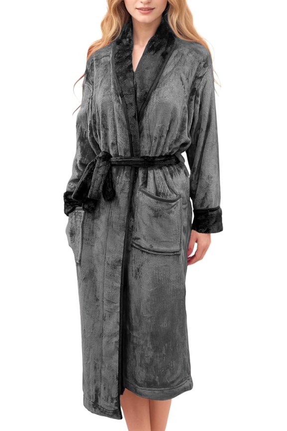 Women’s Plush Fleece Spa Bathrobe, Shawl Collar and Pockets, Velvet Soft and Warm Long Robe - Large, Gray/Black