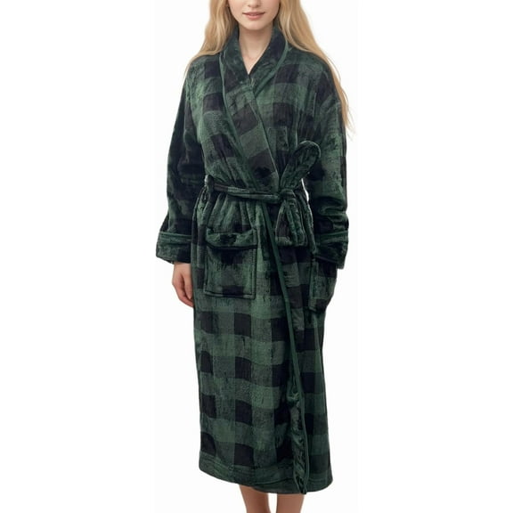 Mocassi Women’s Plush Fleece Spa Bathrobe, Shawl Collar and Pockets, Velvet Soft and Warm Long Robe - Medium, Buffalo Black/green