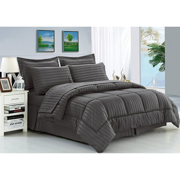 Mocassi Wrinkle Resistant - Silky Soft Dobby Stripe Bed-in-a-Bag 8-Piece Comforter Set --HypoAllergenic - King Grey