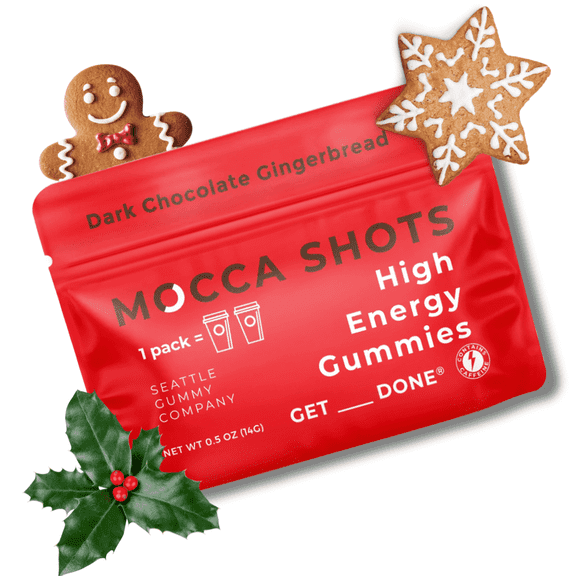Seattle Gummy Company, Mocca Shots, Dark Chocolate Gingerbread, Caffeine Gummy (12 packs, 12x2 shots, 200mg Caffeine/pack)