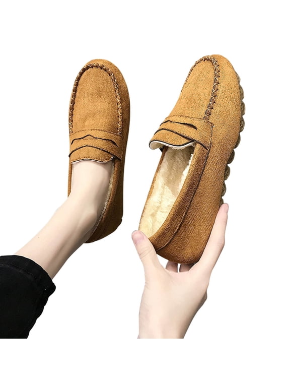 Moccasins for Women House Slippers Indoor Outdoor Plush Women Bedroom Shoes Cozy Women's Loafer Shoes Warm Plush-Lined Winter Slip-On Flats Winter Doudou Flat Cotton Shoes