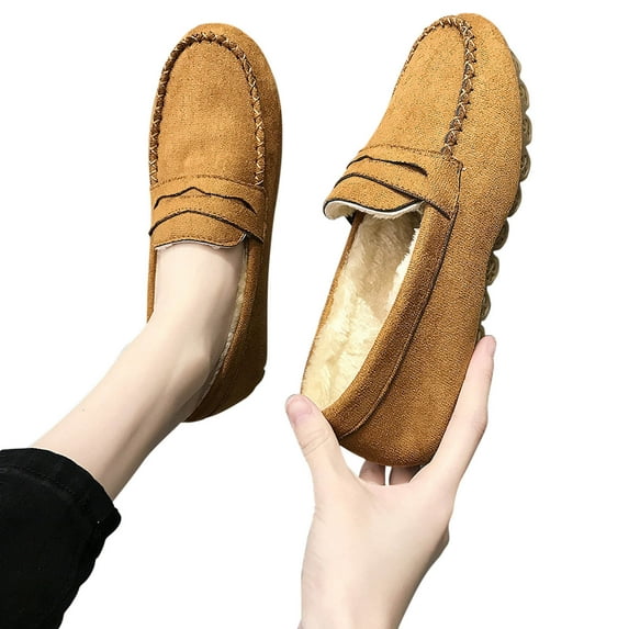 Moccasins for Women House Slippers Indoor Outdoor Plush Women Bedroom Shoes Cozy Women's Loafer Shoes Warm Plush-Lined Winter Slip-On Flats Winter Doudou Flat Cotton Shoes