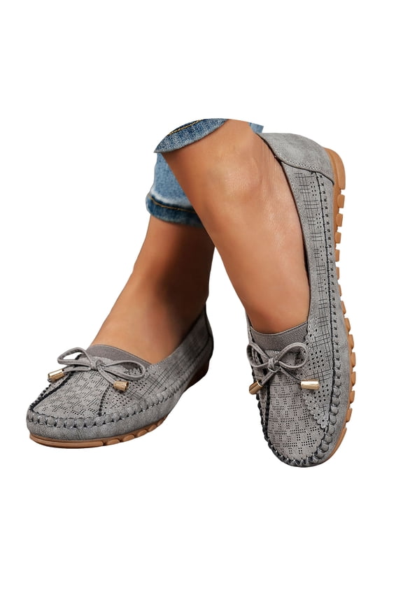 Moccasins Women Slip on Penny Loafers Orthopedic Flat Shoes Bowtie Round Toe Hollow out Casual Walking Shoes Grey Size 9