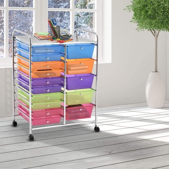 Moccha 15-Tier Drawer Storage Cart, Rolling Storage Cart with 4 Wheels, Drawer Storage Organizer, Suitable for Cosmetics, File, Office Supply, Perfect for Home and Studio (Rainbow)