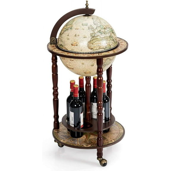 Moccha 17 Globe Wood Wine Bar Stand, 16th Century Italian Replica Liquor Bottle Shelf w/Wheels, Wood Wine Cart Cabinet, Globe Wine Organizer for Spirits, Beverages Stemware (Creamy White)