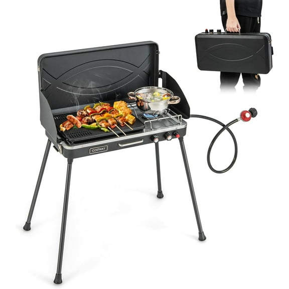 Moccha 2-Burner Propane Camping Stove - Portable Camp Grill w/Dual Control Knobs, Detachable Legs, 3-Sided Wind Screen, 20,000 Total BTUs, Outdoor Grill Stove for Tailgating BBQ Picnic (Black)