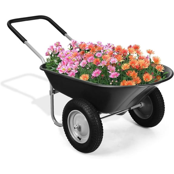 Moccha 2-Tire Wheelbarrow, 330lbs Capacity Garden Wagon w/Two 13” Pneumatic Tires, Heavy Duty Yard Cart, Easy Loading and Dumping Garden Cart for Lawn Construction Sites, Utility Wheel Barrel (Black)