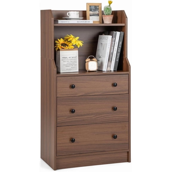 Moccha 3 Drawers Dresser with Shelf, Modern Dresser Tower with 2 Open Shelves, Chest of Drawers with Anti-toppling Device, Tall Storage Dresser Nightstand, Living Room, Walnut