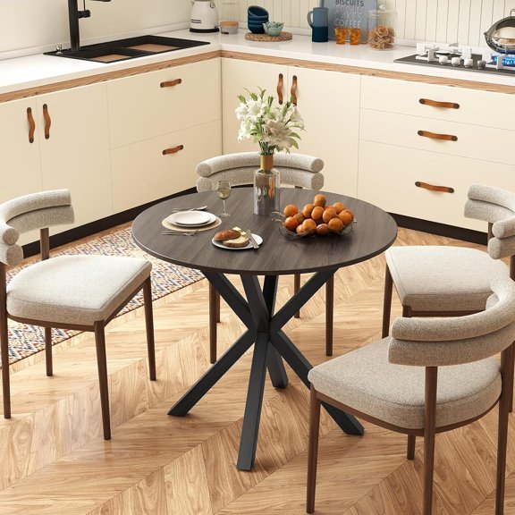 Moccha 36" Round Dining Table for 4 - Rubber Wood Kitchen Table with Intersecting Trestle Legs, Vintage Bar Table, Farmhouse Dining Room Tables for Dinette, Small Space, Restaurant, Bistro (Black)
